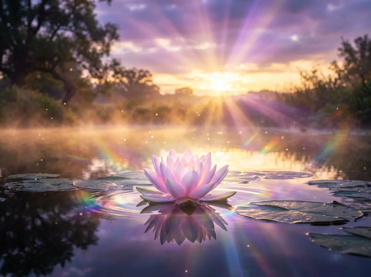 Luminous lotus flower on still water at dawn with prismatic rainbow light