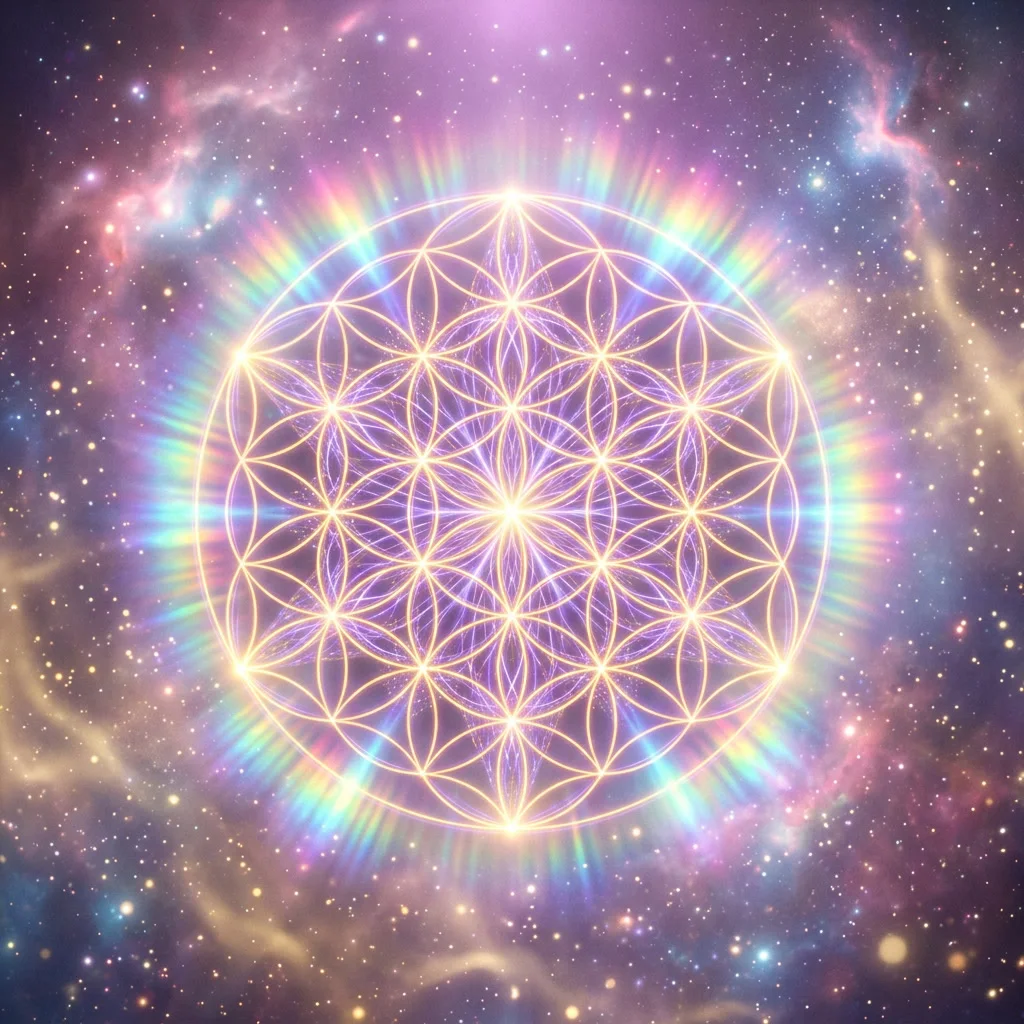 Glowing Flower of Life sacred geometry mandala in violet and gold light