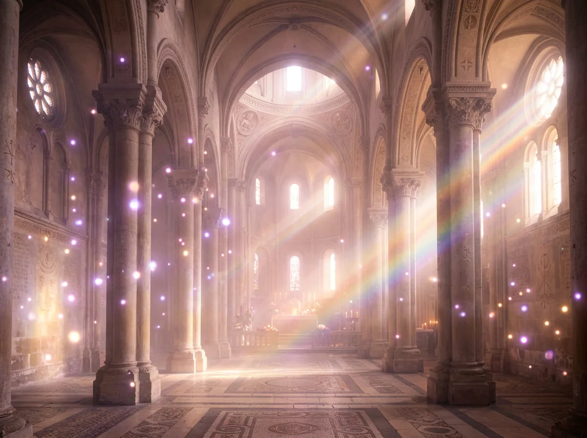 Ethereal light-filled sacred sanctuary glowing with violet and gold