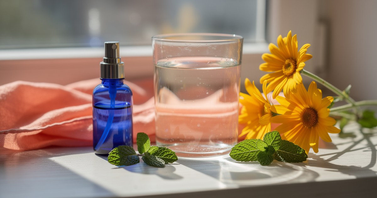 Glass of water, a small blue spray bottle, fresh yellow daisies, and green leaves on a sunlit windowsill beside a folded coral scarf
