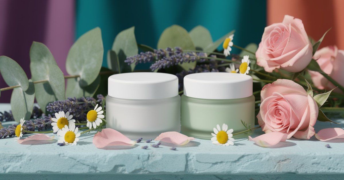 Two lidded skincare jars in white and pale green on a light blue stone ledge with eucalyptus, lavender, chamomile flowers and pink roses.