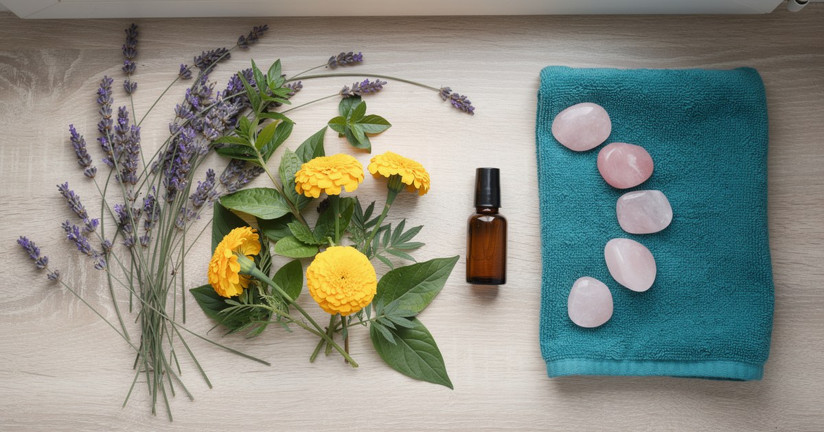 Violet lavender, golden marigolds and green leaves beside a teal towel and rose quartz stones on a pale wooden table in soft window light