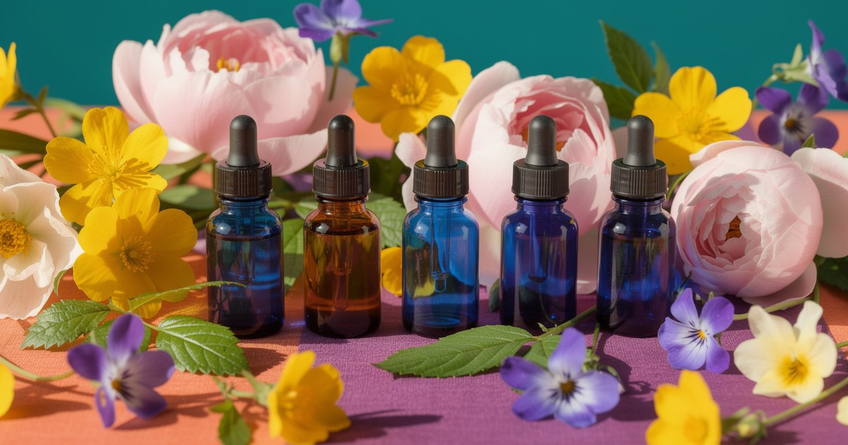 Small amber and cobalt blue dropper bottles in a row among pale pink peonies, yellow buttercups and purple violets on a coral and violet cloth against a teal wall.