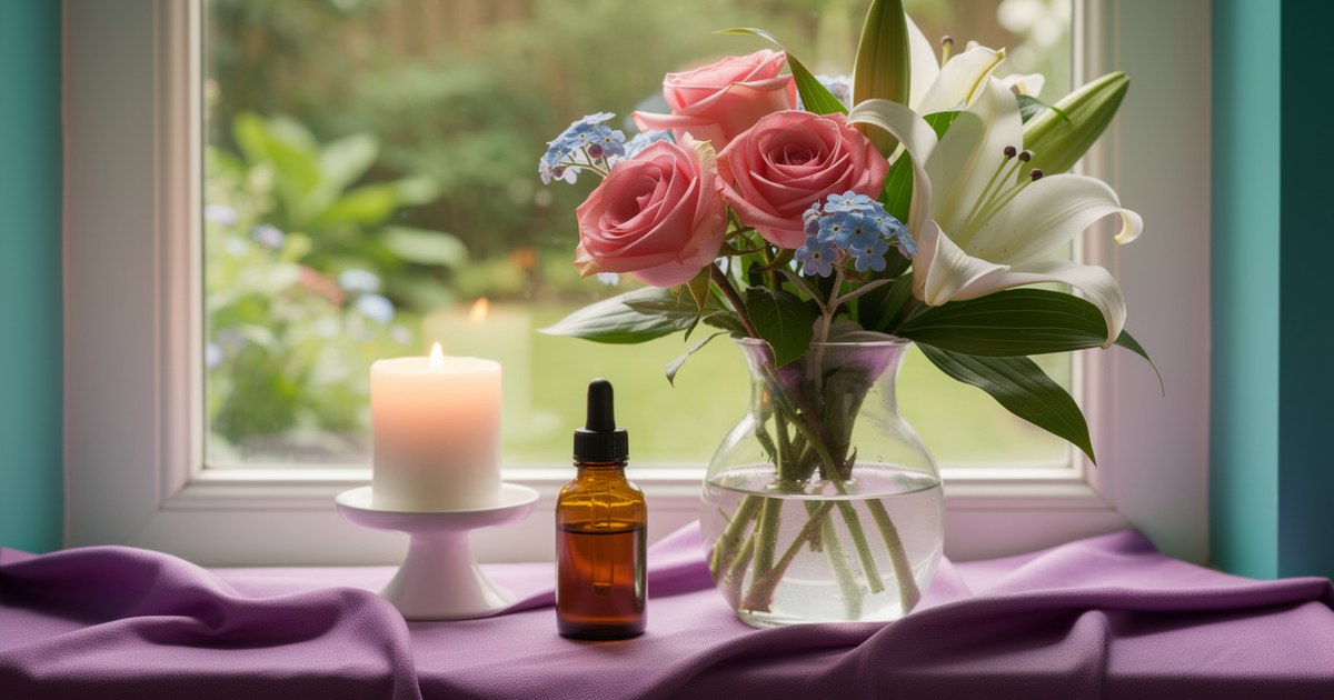 A windowsill draped in violet cloth with a white candle, a small amber dropper bottle and a vase of pink roses, blue forget-me-nots and white lilies.
