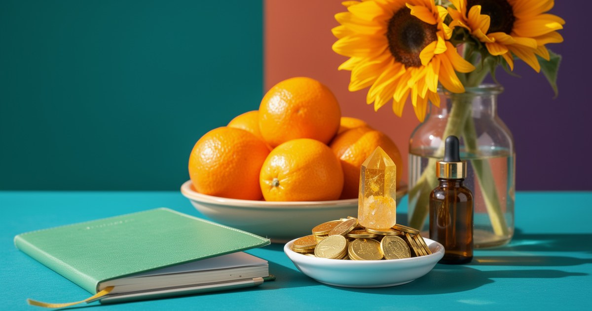 A green notebook, a white dish of gold coins with a citrine point, a bowl of oranges, sunflowers in a vase and an amber dropper bottle on a teal table.