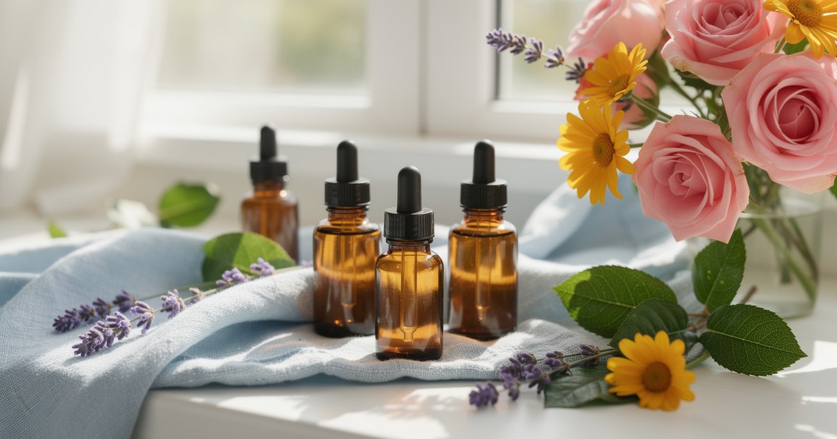 Glass dropper bottles on a windowsill beside fresh pink roses, yellow daisies, purple lavender and green leaves in soft morning light