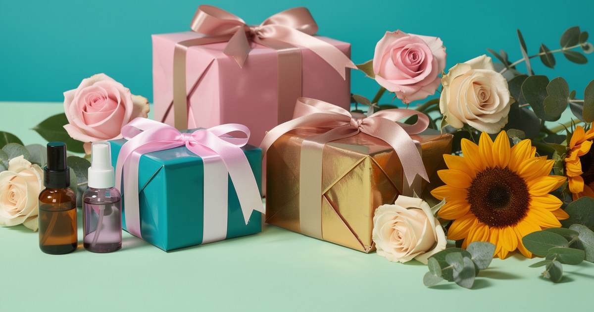 Gift boxes wrapped in pink, teal and gold paper with satin ribbons, beside an amber dropper bottle, a lilac spray bottle, roses, a sunflower and eucalyptus.