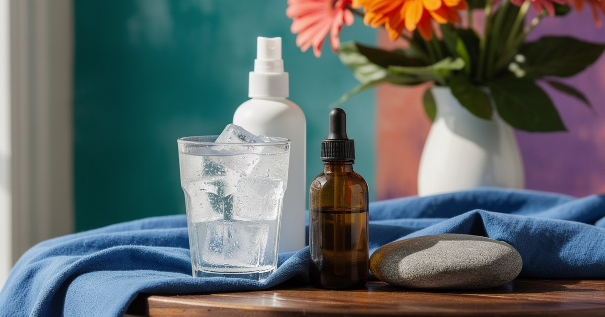 A glass of ice water, a white spray bottle, an amber dropper bottle and a smooth gray stone on a blue cloth, with orange and pink gerberas in a white vase.