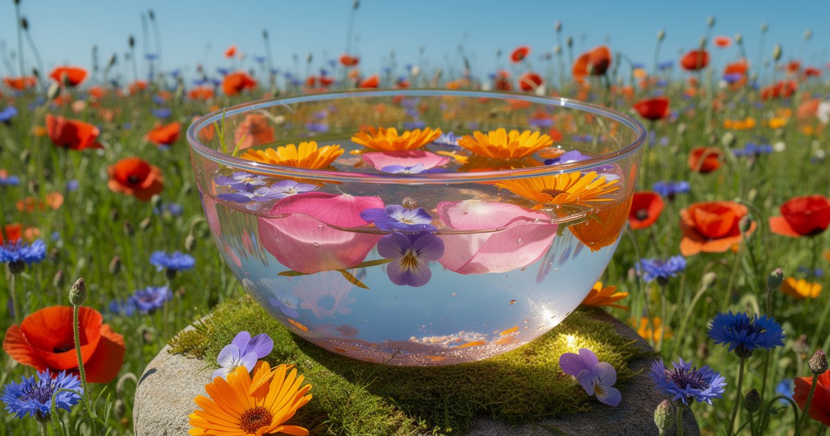 A glass bowl of water holding floating orange calendula, pink rose petals and purple violets on a mossy stone in a meadow of red poppies and blue cornflowers.