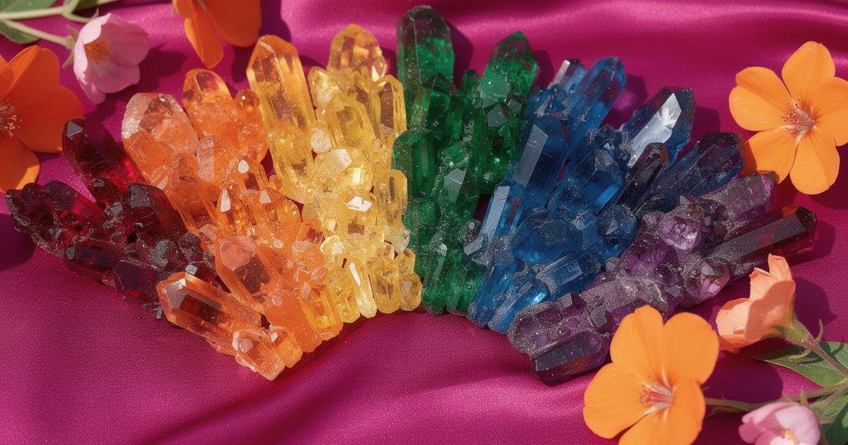 A fan of polished crystal points in red, orange, yellow, green, blue and violet laid on magenta silk, with orange and pink flowers at the edges.