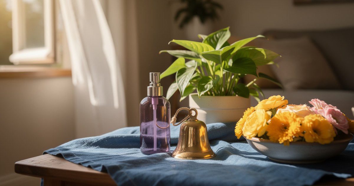 Sunlit living room window open with a green plant, a violet mist bottle, and a bowl of yellow flowers on a blue cloth