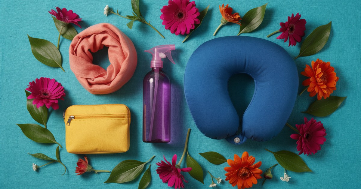 A coral pink scarf, a violet spray bottle, a cobalt blue travel pillow and a yellow zip pouch on a turquoise cloth, ringed by magenta and orange flowers and green leaves.