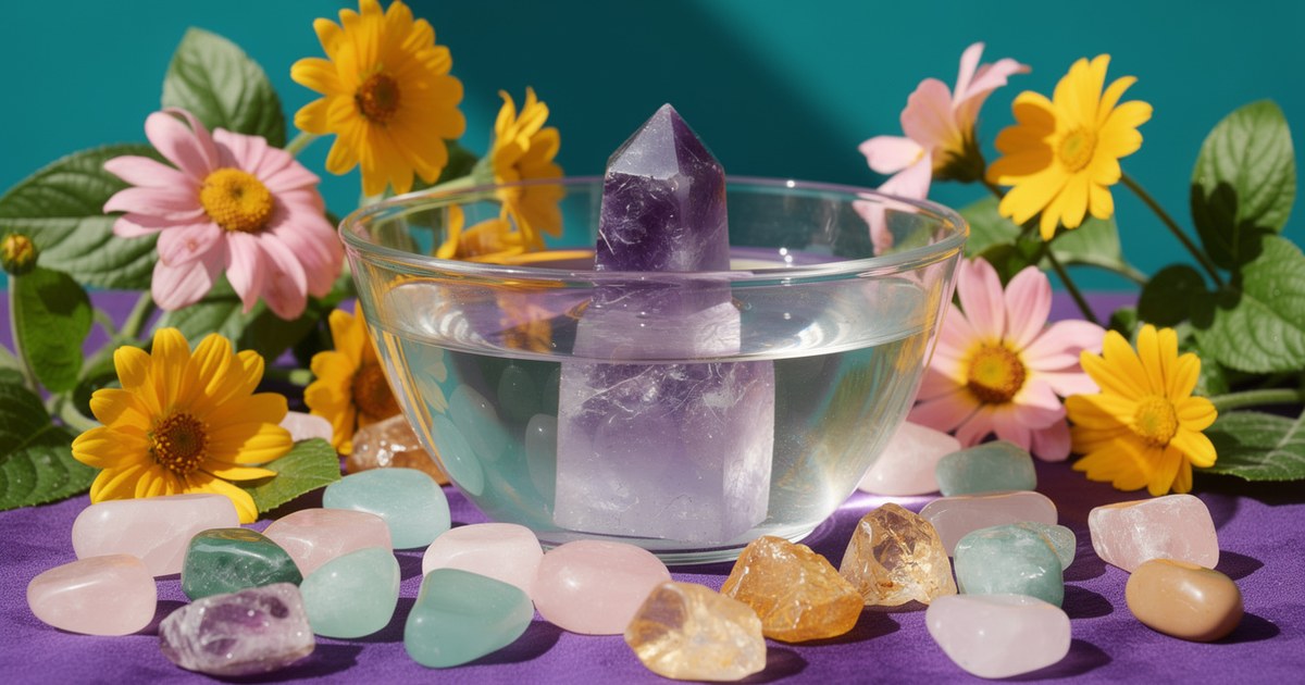 A raw amethyst point standing in a glass bowl of water on a purple cloth, ringed by rose quartz, green aventurine and citrine stones with yellow and pink daisies.