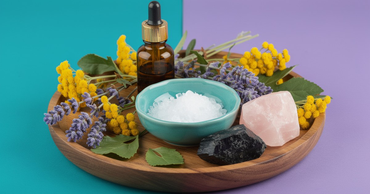 A round wooden tray with an amber dropper bottle, a teal bowl of salt, black tourmaline, rose quartz, lavender and yellow tansy flowers on teal and lilac.