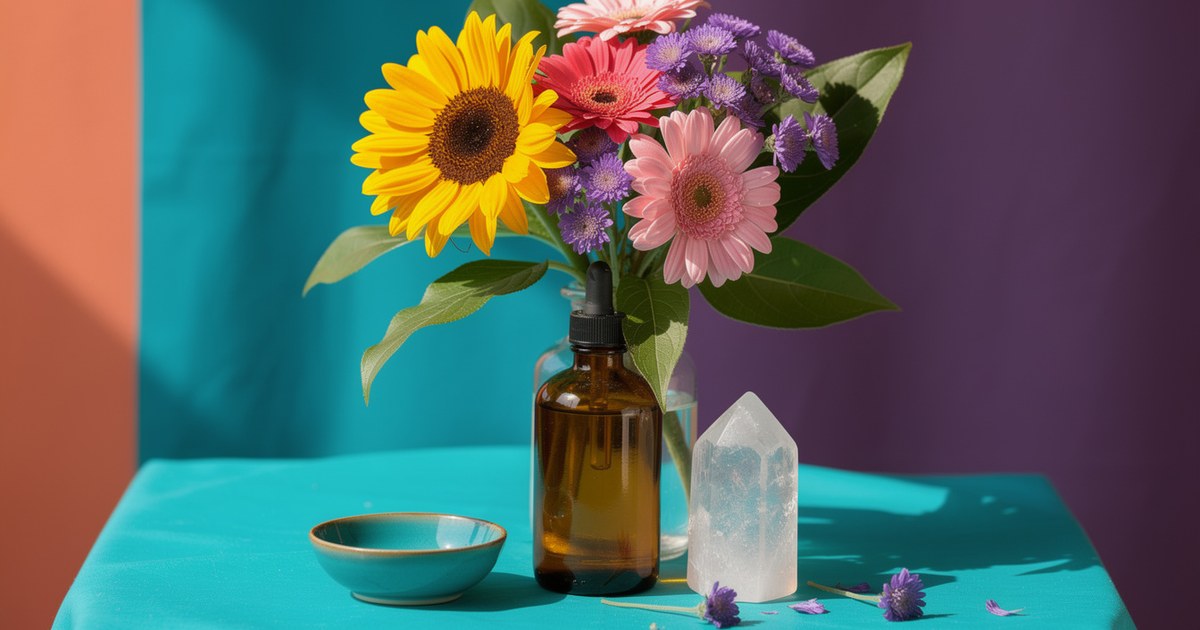 An amber dropper bottle and a clear quartz point on a turquoise tablecloth with a teal dish and a vase of a sunflower, pink gerberas and purple asters.