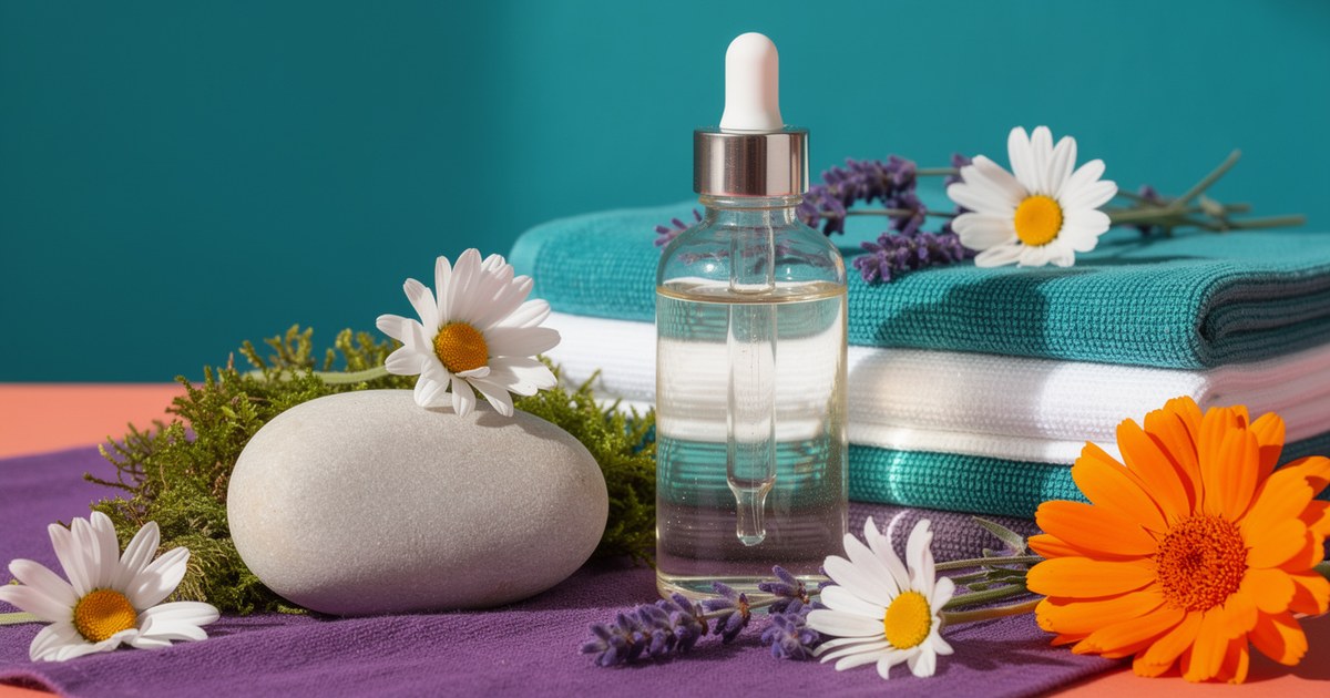 A clear dropper bottle beside a smooth gray stone on a violet cloth, with green moss, white daisies, lavender, an orange gerbera and folded teal and white towels.
