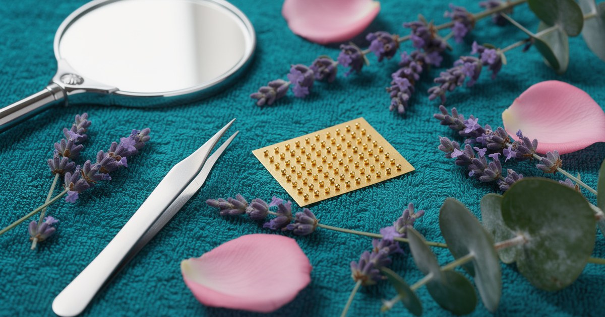 A teal towel holding a gold sheet of ear seeds, slim tweezers, a round hand mirror, lavender sprigs, eucalyptus leaves and pink rose petals.