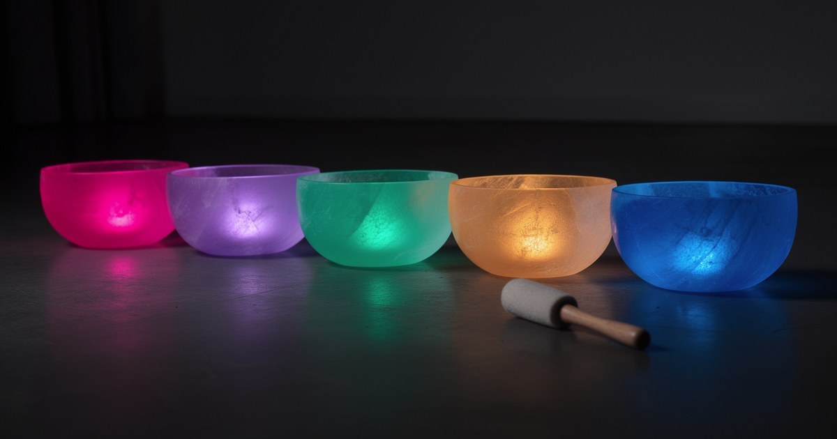Five crystal singing bowls lit from within in magenta, violet, green, amber and blue, with a wooden mallet beside them on a dark floor