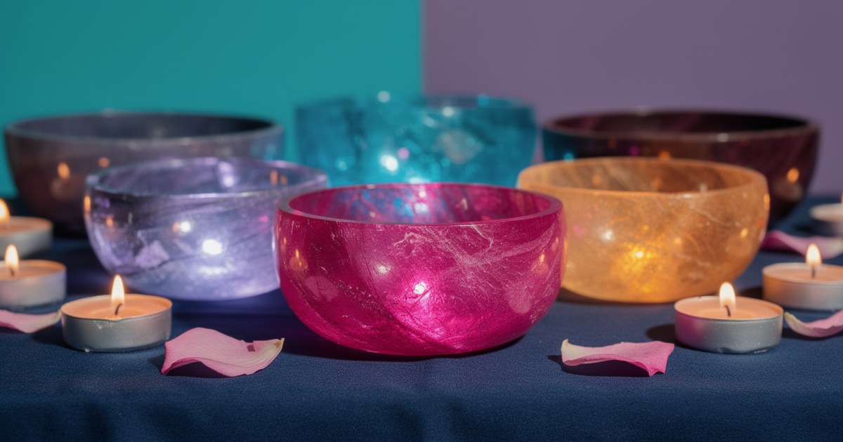 Crystal singing bowls in magenta, violet, turquoise, amber and plum on a navy cloth, ringed by lit tea lights and loose pink rose petals.