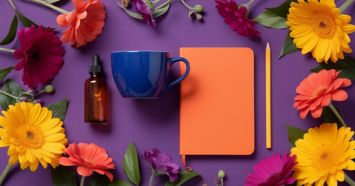 A small amber dropper bottle, a cobalt blue mug, a closed orange notebook and a yellow pencil on a violet cloth, framed by magenta, coral and yellow gerbera daisies.