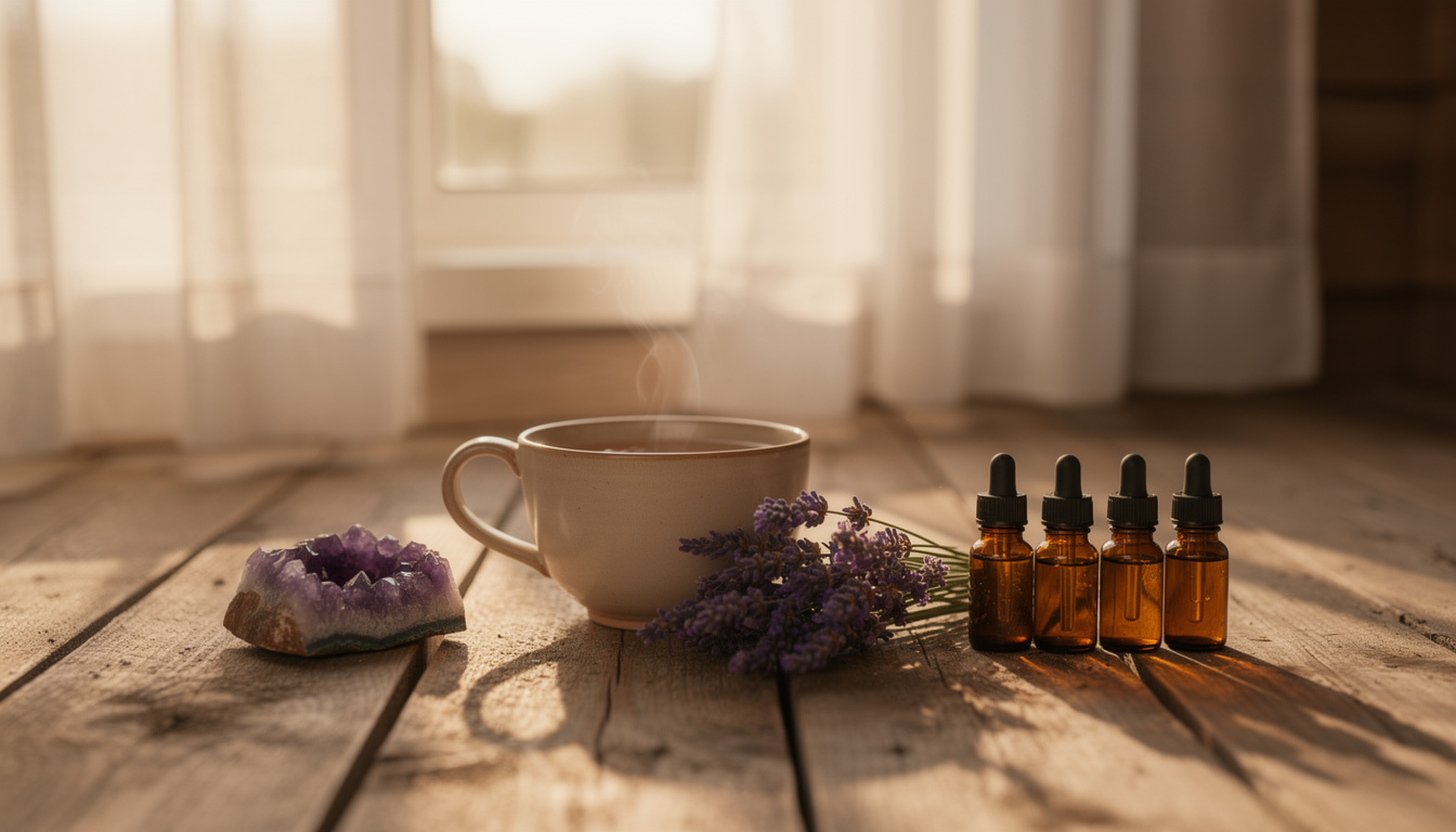 A steaming white mug of tea, a cluster of raw purple amethyst, a small bundle of dried lavender and four amber dropper bottles lined up on a sunlit wooden floor beside sheer curtains