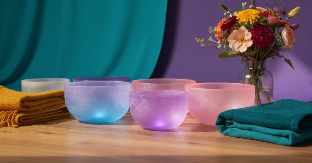 Frosted crystal singing bowls glowing blue, violet and pink on a wooden floor, with folded mustard and teal blankets and a vase of mixed flowers behind.
