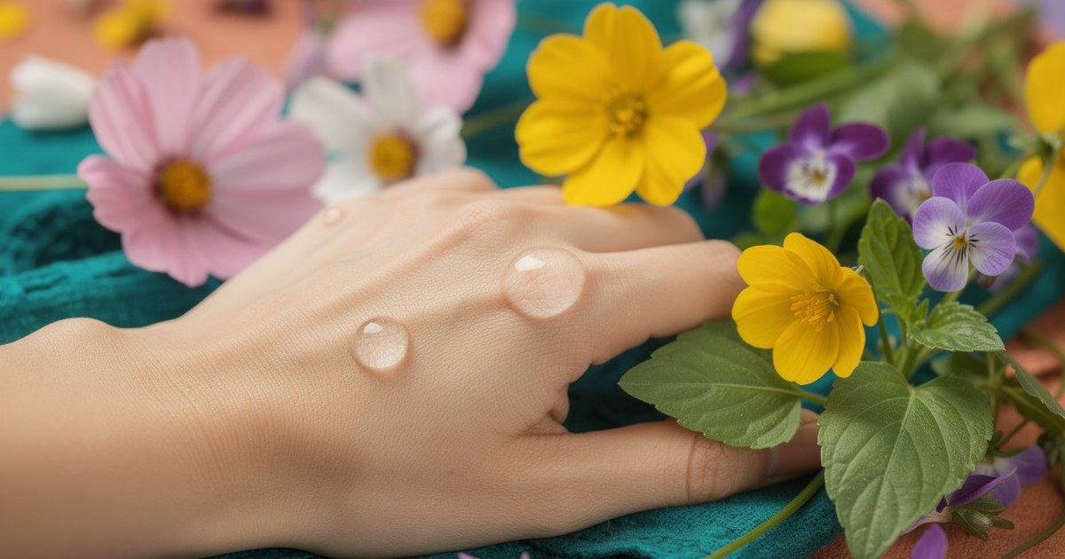 Clear droplets resting on the back of a hand laid on a teal cloth among pink cosmos, yellow buttercups, purple violets and green leaves.