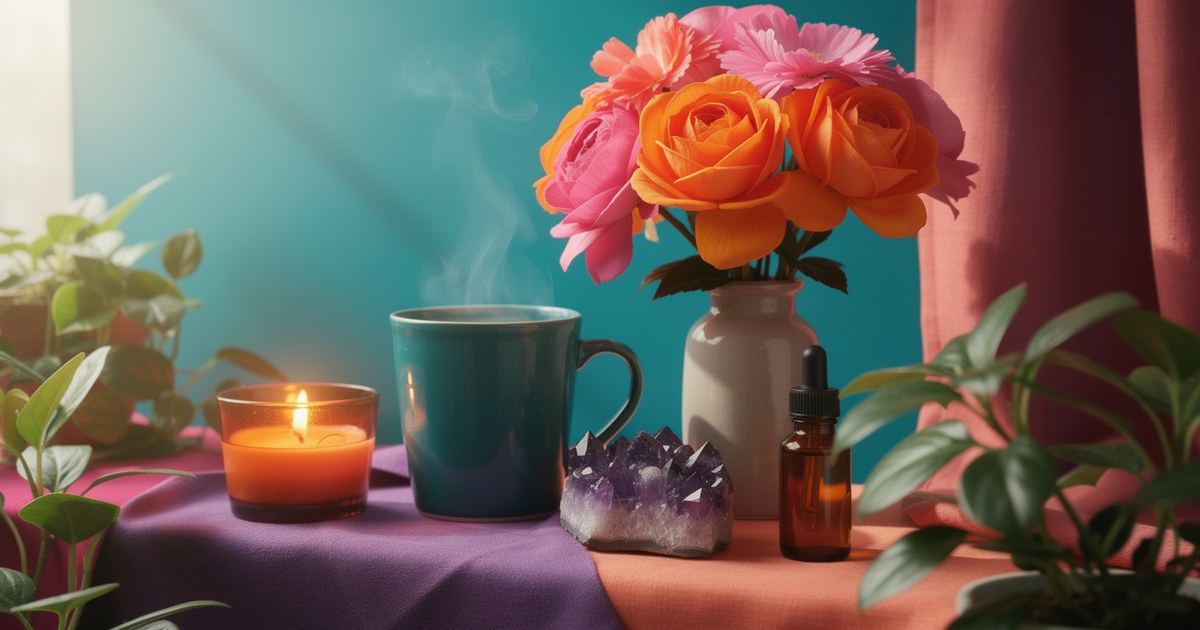 A teal mug, a lit candle, an amethyst cluster and an amber dropper bottle on violet and coral cloths, with orange and pink roses in a vase and green plants.