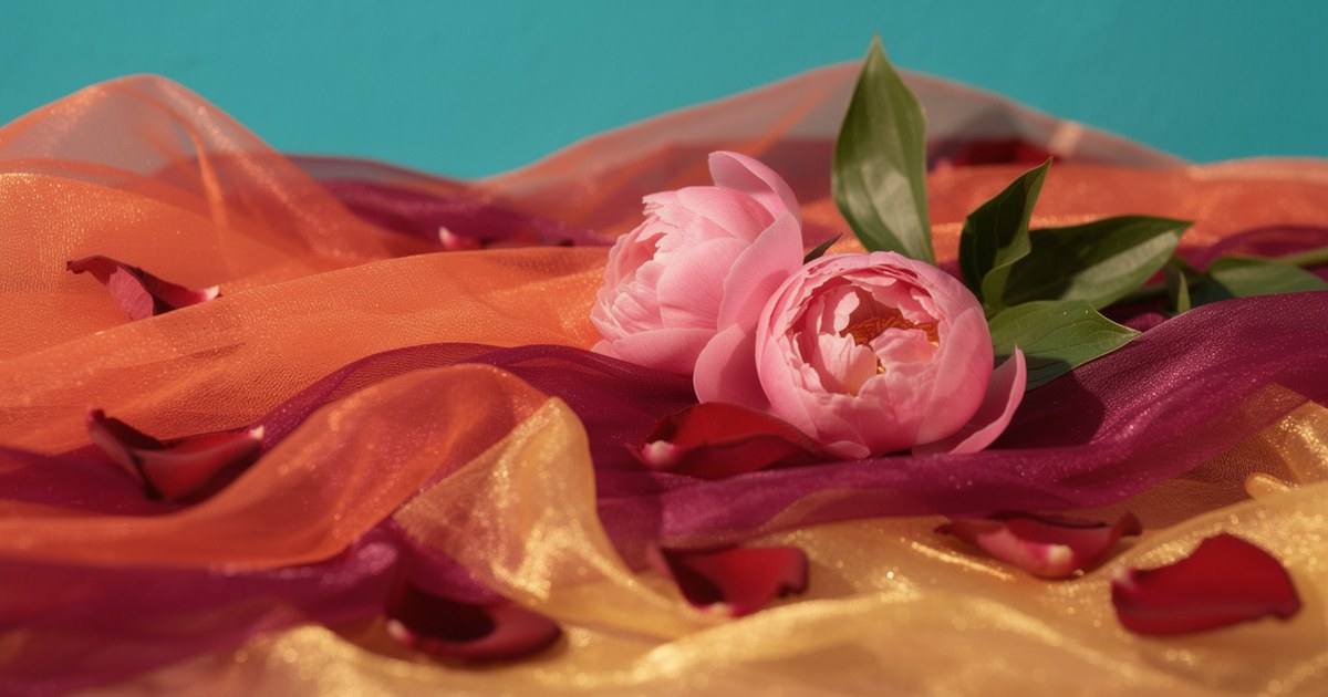 Sheer folds of coral, magenta and gold fabric with two pink peonies, green leaves and scattered red rose petals resting on top.