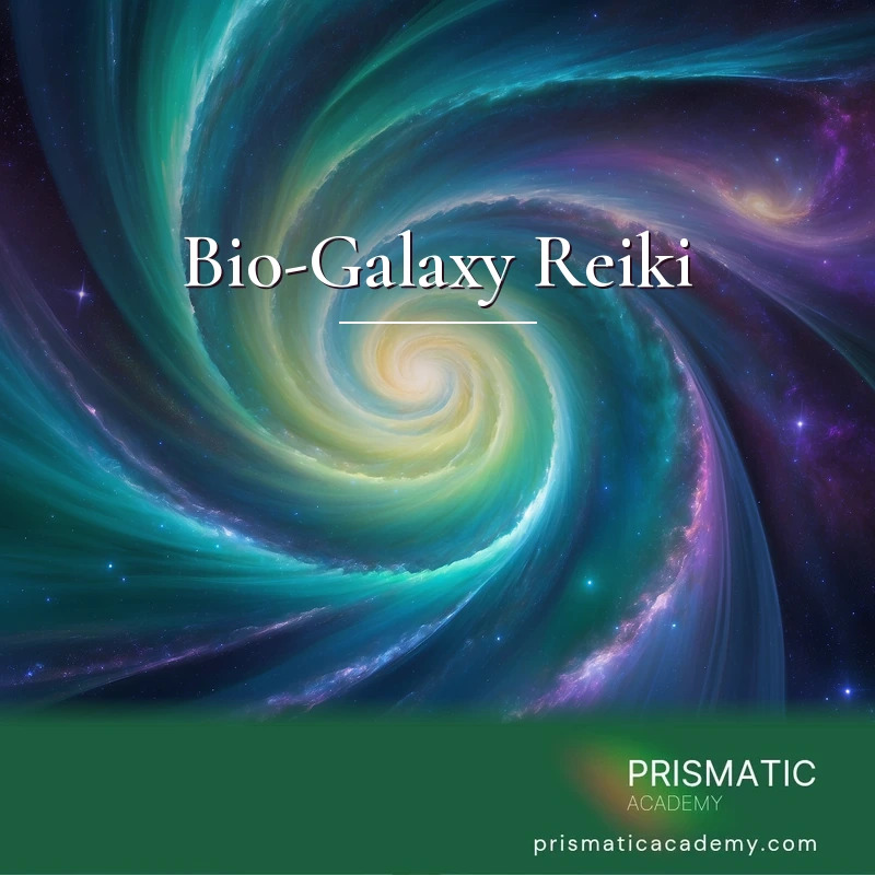 Bio-Galaxy Reiki distance Reiki attunement, Bio Galaxy cosmic life-energy, a green and blue spiral galaxy energy descending like rain and a gentle vortex over plane by Prismatic Flower Essences