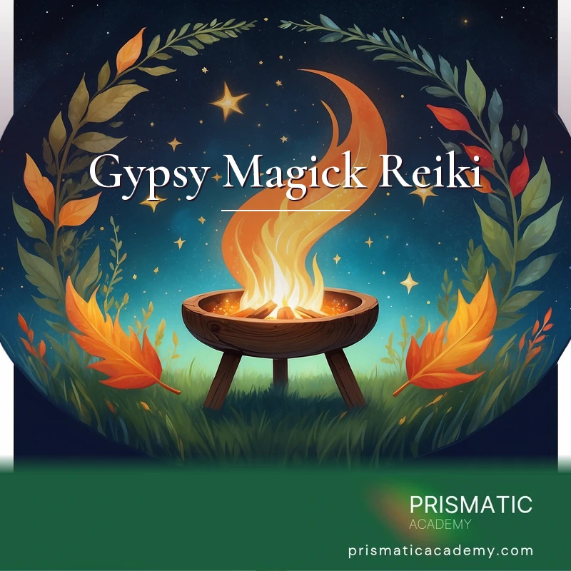 Gypsy Magick Reiki distance Reiki attunement, Free-spirit herbal folk magick: a firelit celebration circle with tambourine, charm amulets, herb bundles, and the spira by Prismatic Flower Essences