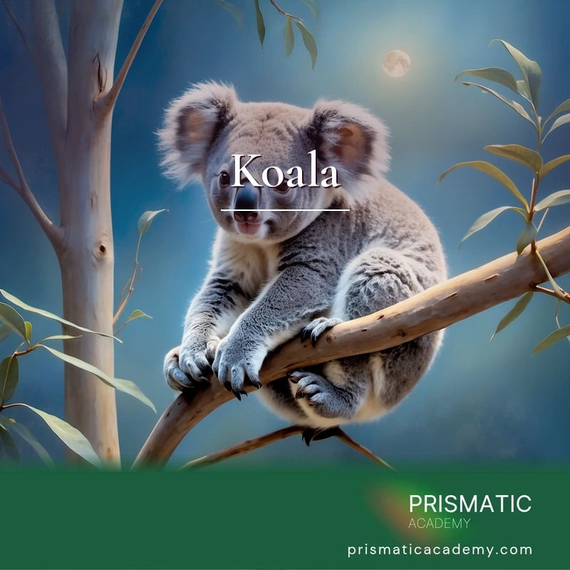 Koala distance Reiki attunement, the koala as a power/spirit animal (totem) -- a silver-grey, tail-less marsupial resting high in a eucalyptus tree, keep by Prismatic Flower Essences