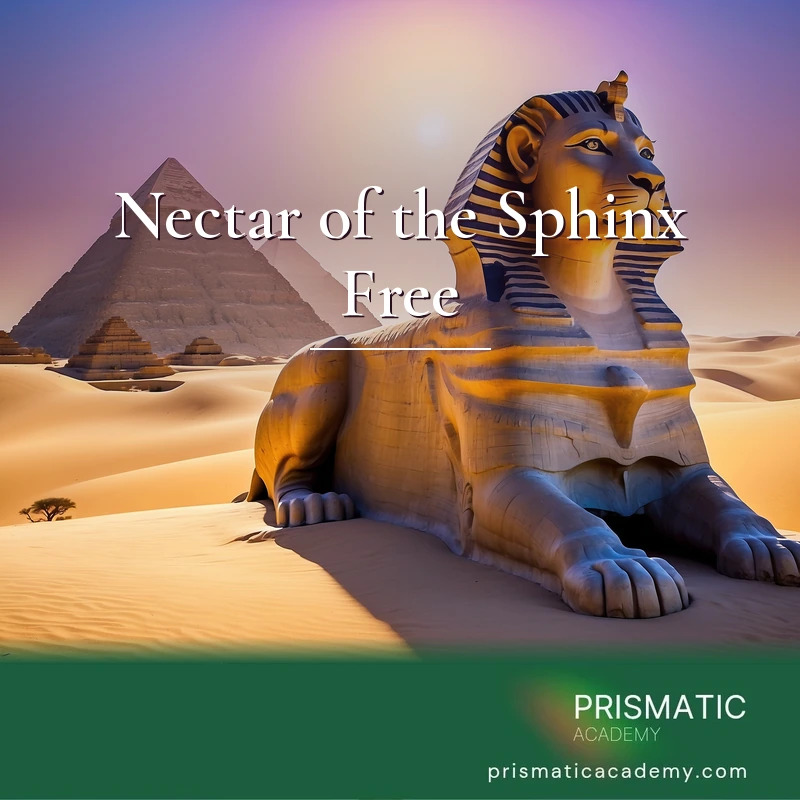 Nectar of the Sphinx Free distance Reiki attunement, the Great Sphinx of Giza, the recumbent lion-bodied guardian with a pharaoh's head, channeling a plum-colored nectar fro by Prismatic Flower Essences